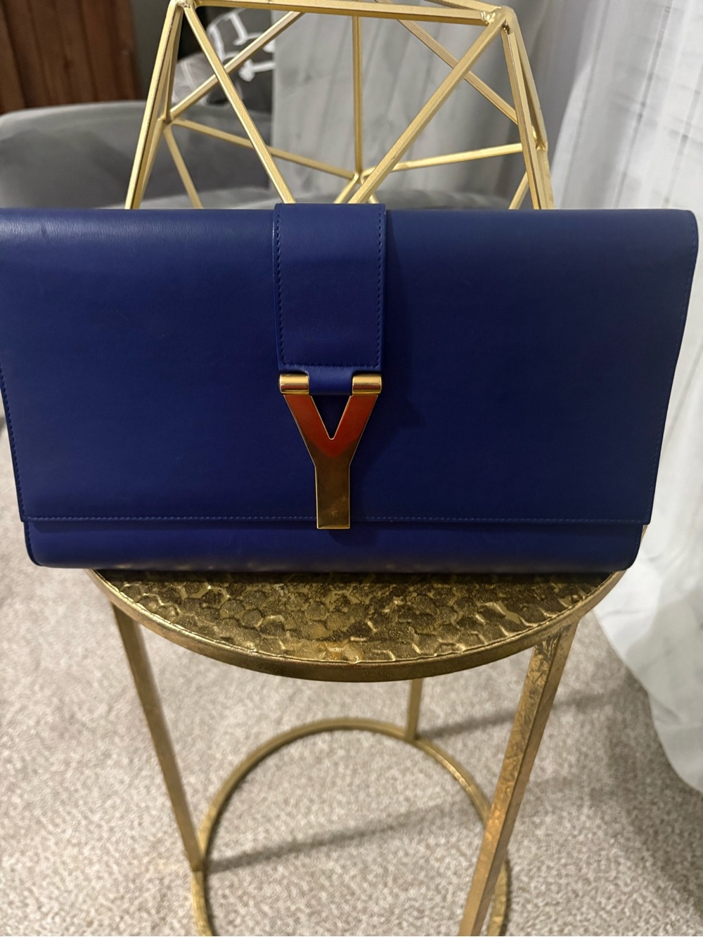 YSL Blue Leather Clutch with Gold Y Accent